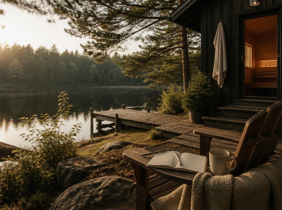 A private lakeside cabin at sunrise with a journal, sauna, and calm water for a solo retreat.