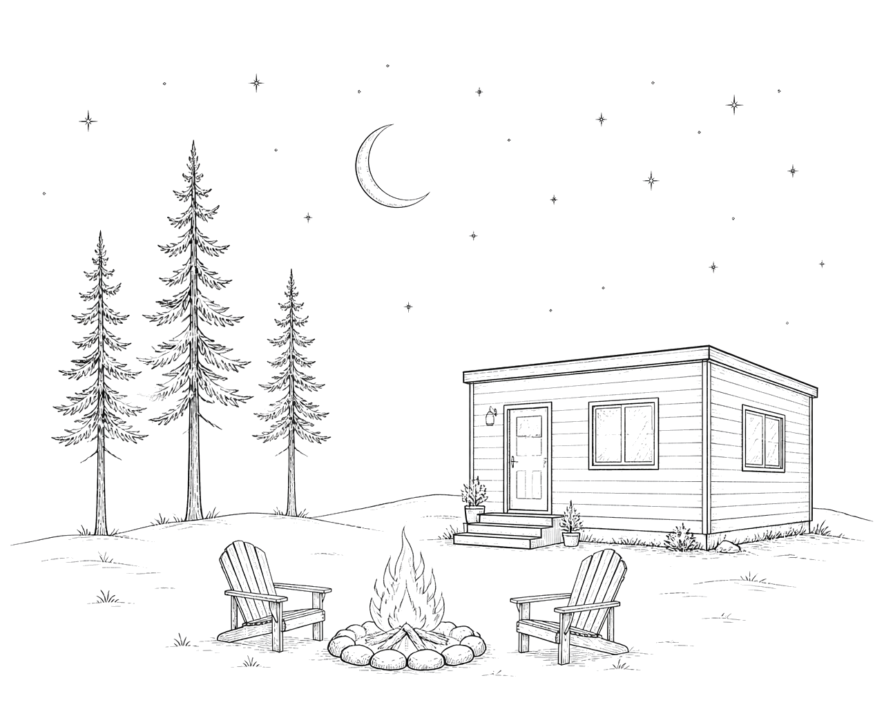 Illustration of a cabin under a starry night sky with pines and a campfire