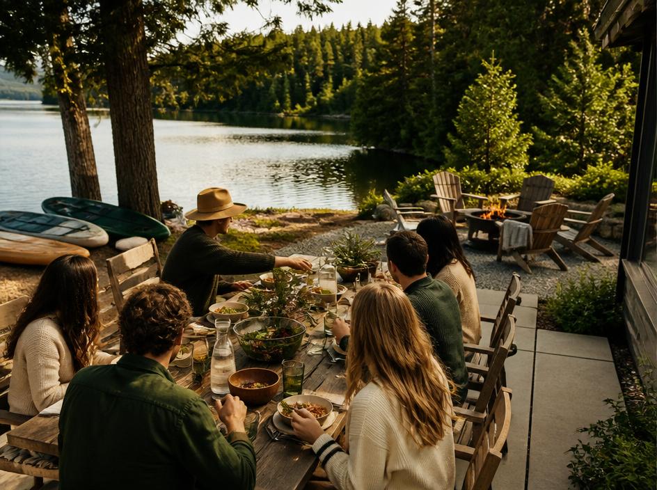 A group sharing a long-table meal by a lake with kayaks, fire pit, and pine trees for a team retreat.