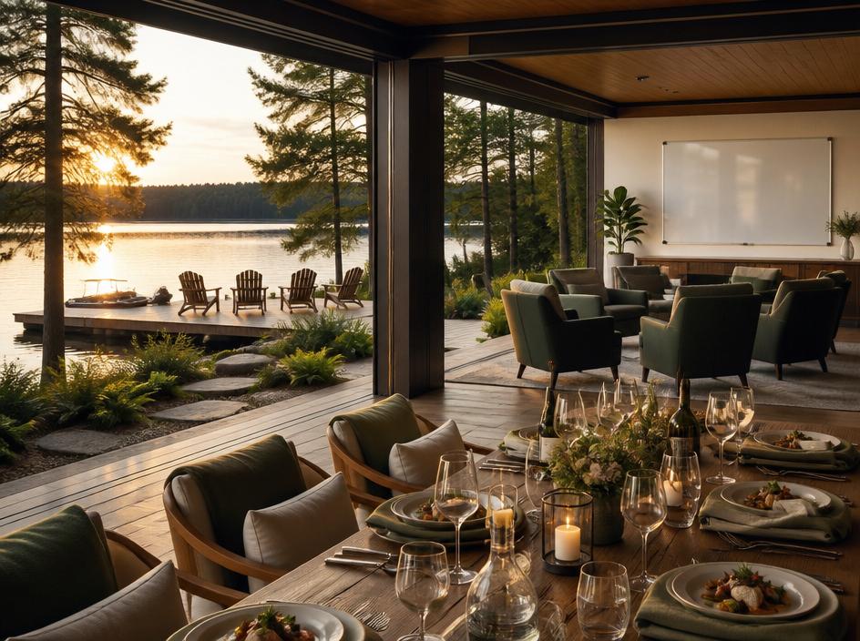 An open-air lakeside meeting space with whiteboard, seating, and chef-prepared dinner at sunset.