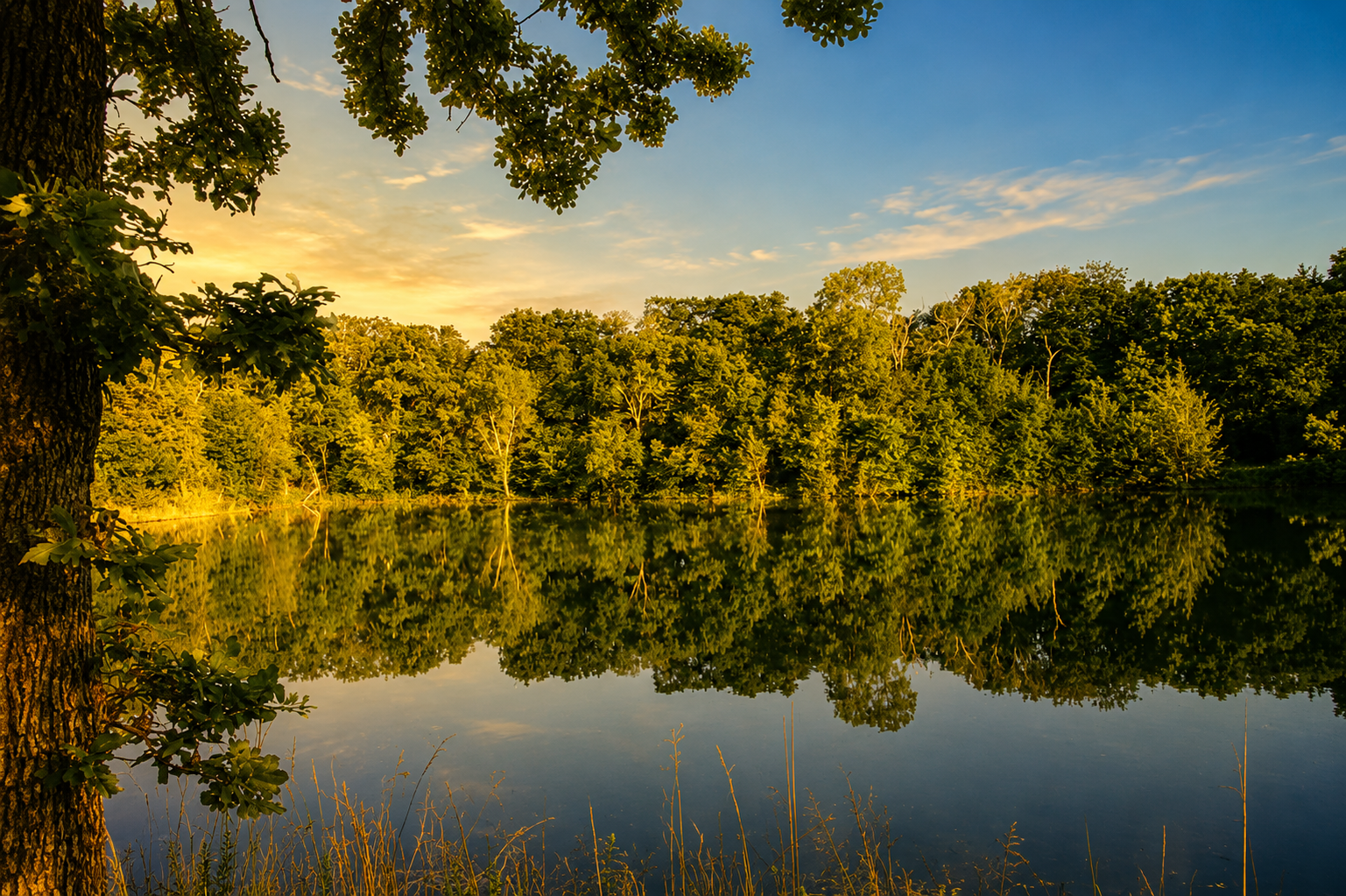 Still lake reflecting the tree line in golden hour light