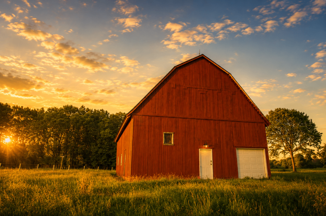 Red barn standing in a grassy field at sunset