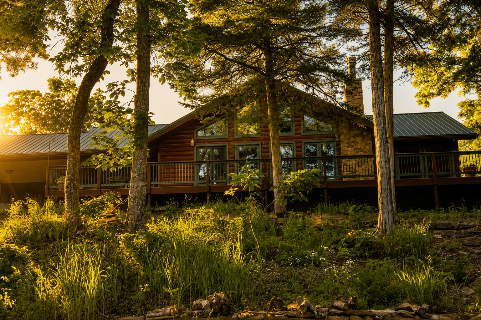 Lodge at golden hour through the trees
