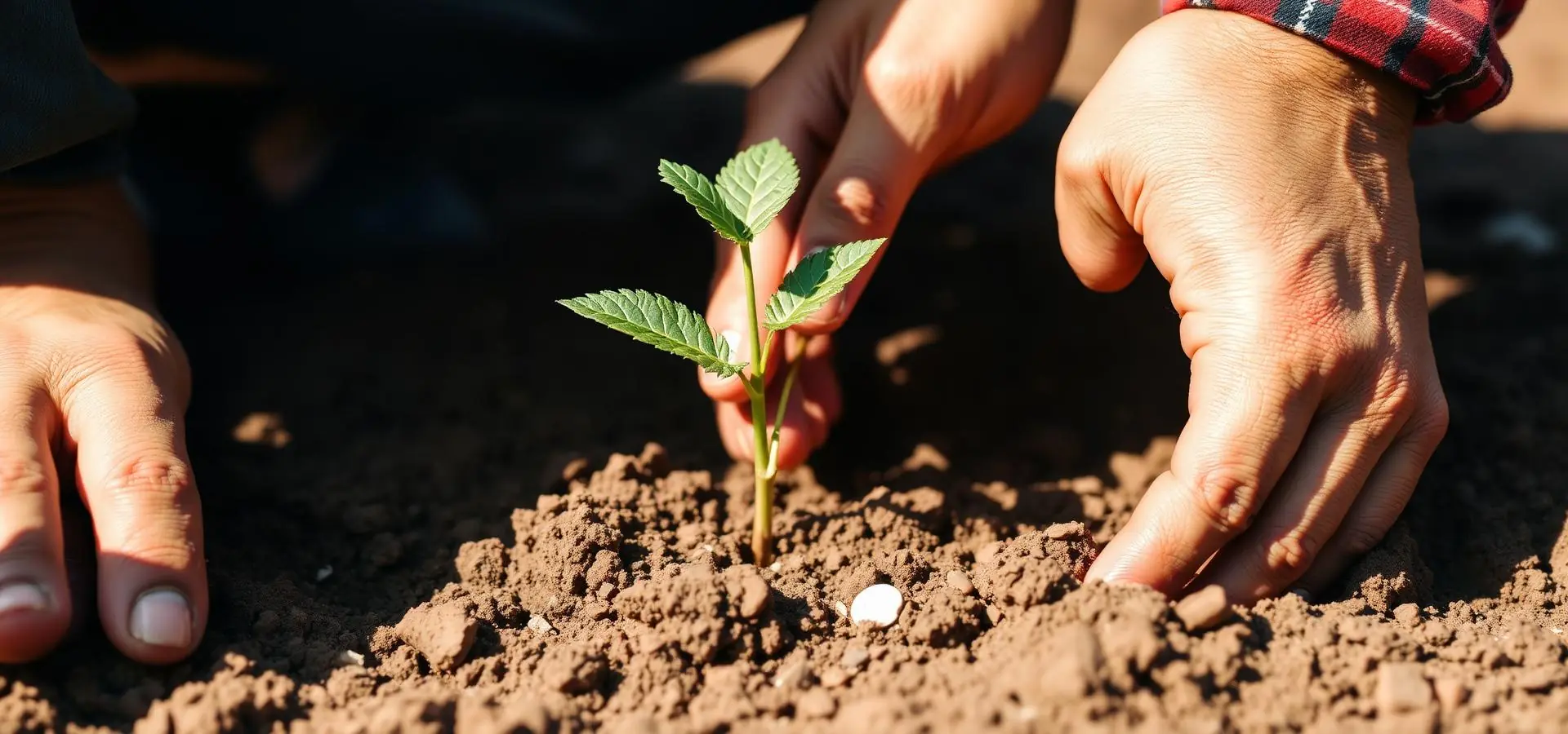 Hands planting a young sapling in soil