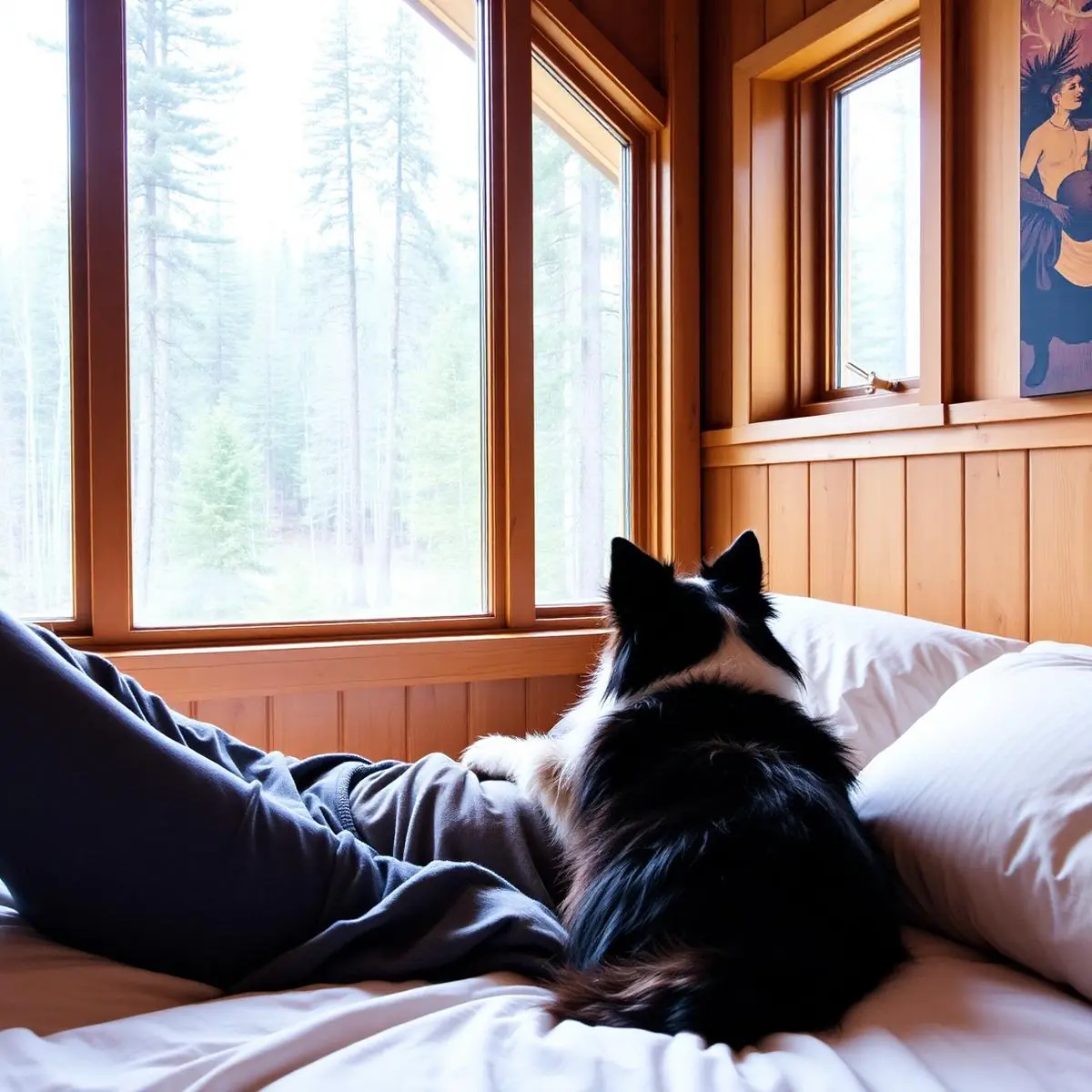 Guest resting in a cabin with a dog