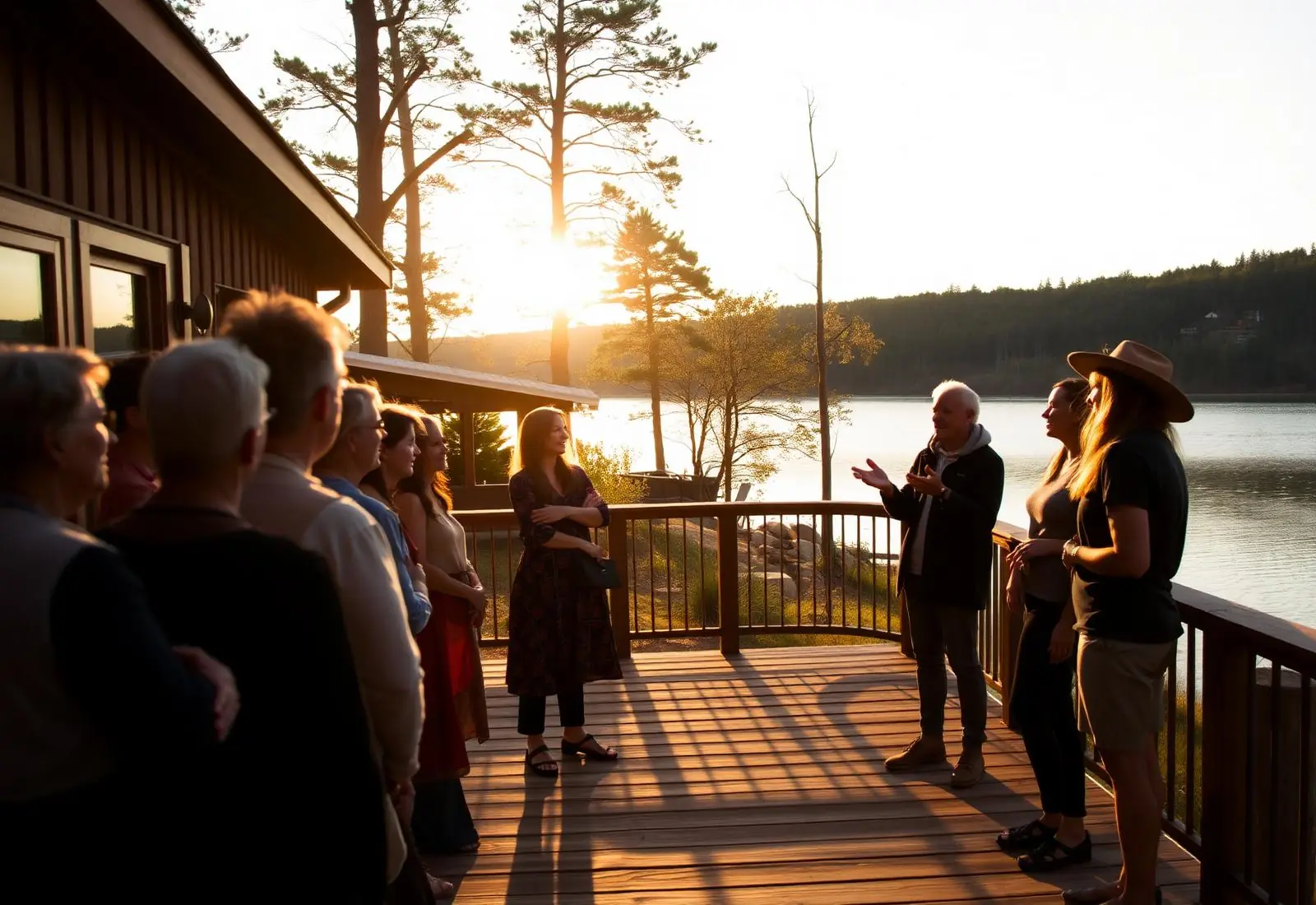 A host welcoming guests on the lakeside deck at golden hour
